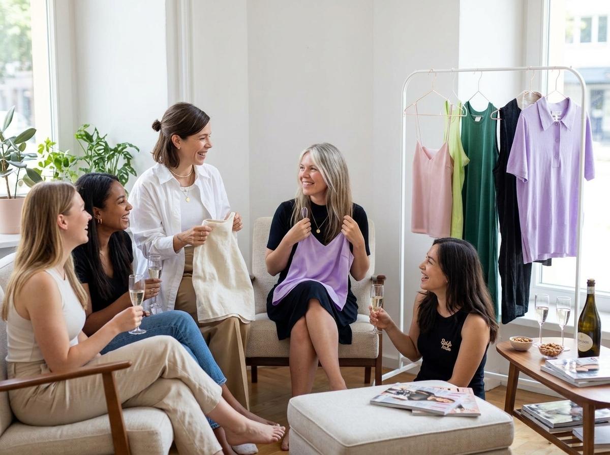 Frauen probieren gemeinsam Kleidung an und lachen