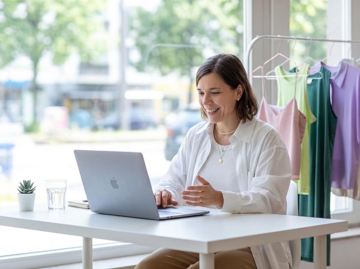 Lächelnde Frau arbeitet am Laptop vor einer Kleiderstange